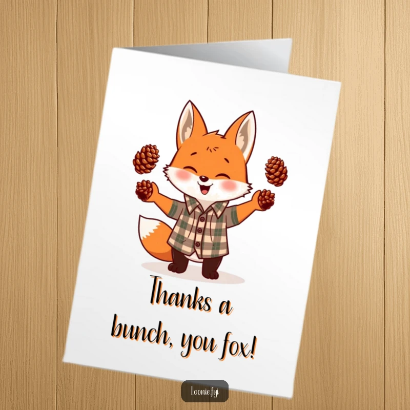 Funny Free Printable Thank You Card: Giggling fox in a plaid shirt tosses pinecones, a comical gesture of thanks.