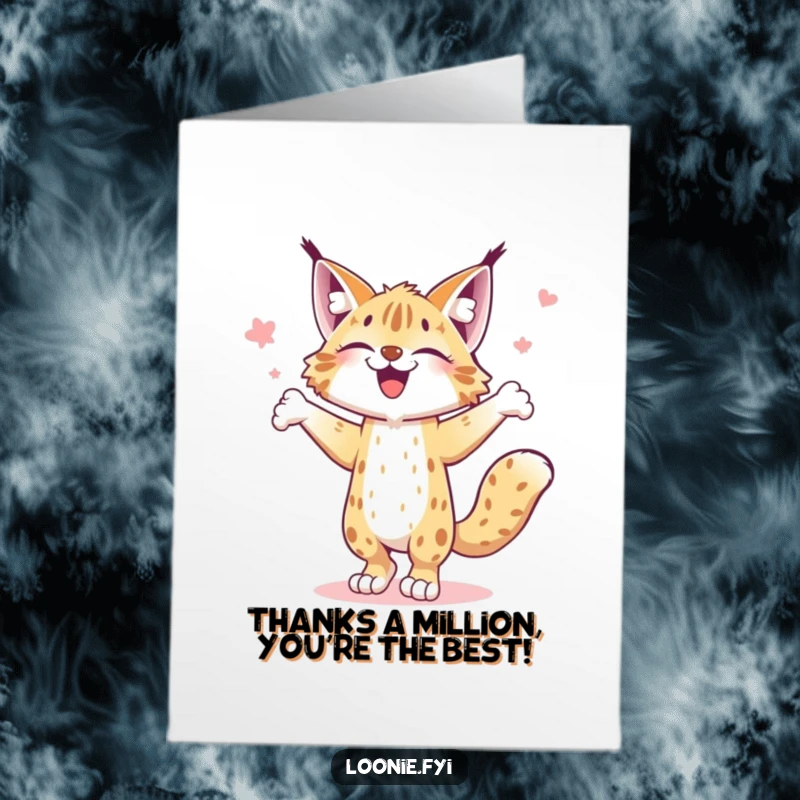 Funny Free Printable Thank You Card: A cheerful lynx is happily jigging, with its paws in the air, expressing thanks with dance.