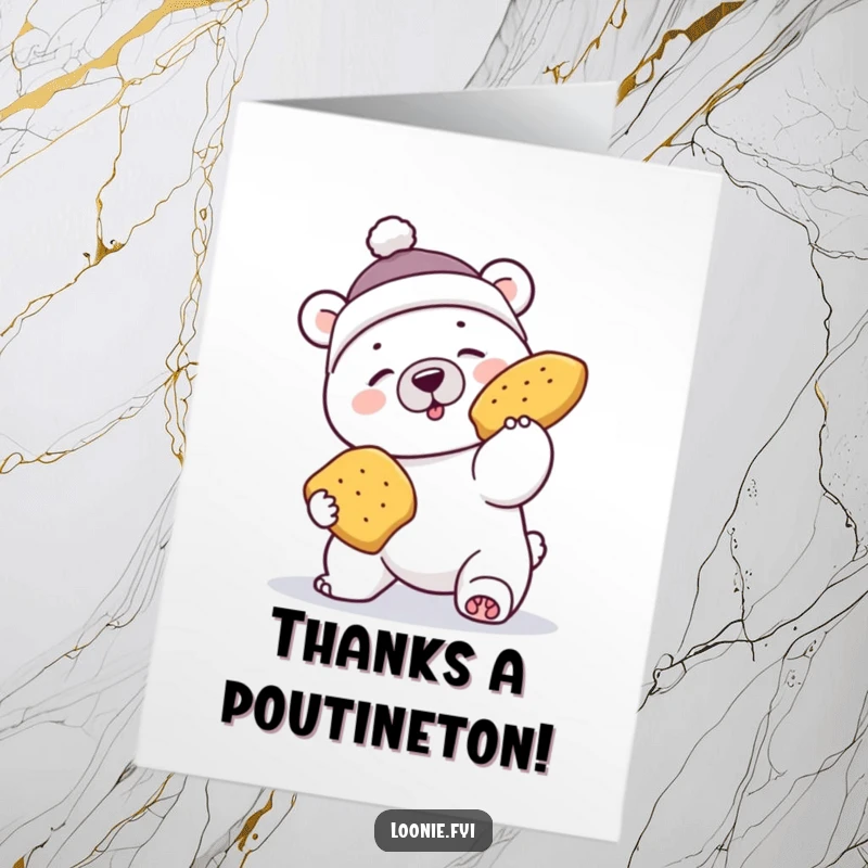 Funny Free Printable Thank You Card: Polar bear in toque comically fails to catch flying poutine, expressing thanks.
