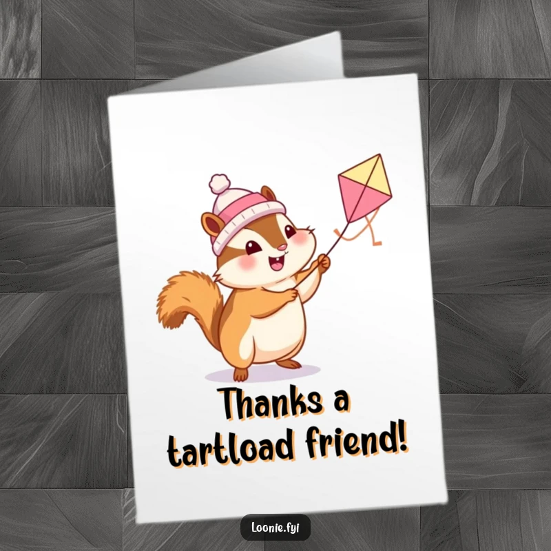 Funny Free Printable Thank You Card: A cute chipmunk flying a butter tart kite, sending heartfelt thanks.