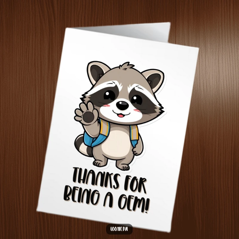 Funny Free Printable Thank You Card: Cheerful raccoon with backpack winks hello, sending a funny and appreciative message your way.