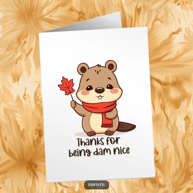 Funny Free Printable Thank You Card: A cute beaver wearing a red scarf waves a tiny maple leaf to say thanks.