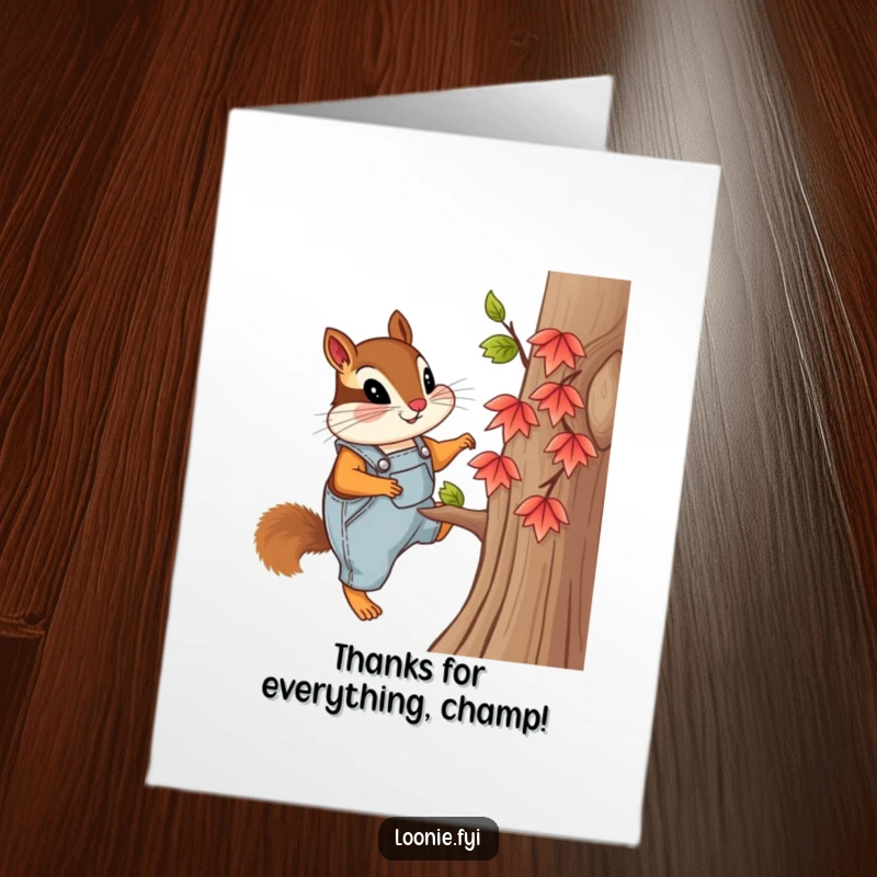 Funny Free Printable Thank You Card: Curious chipmunk in overalls climbs a tree, sending a funny and heartfelt thank you note.