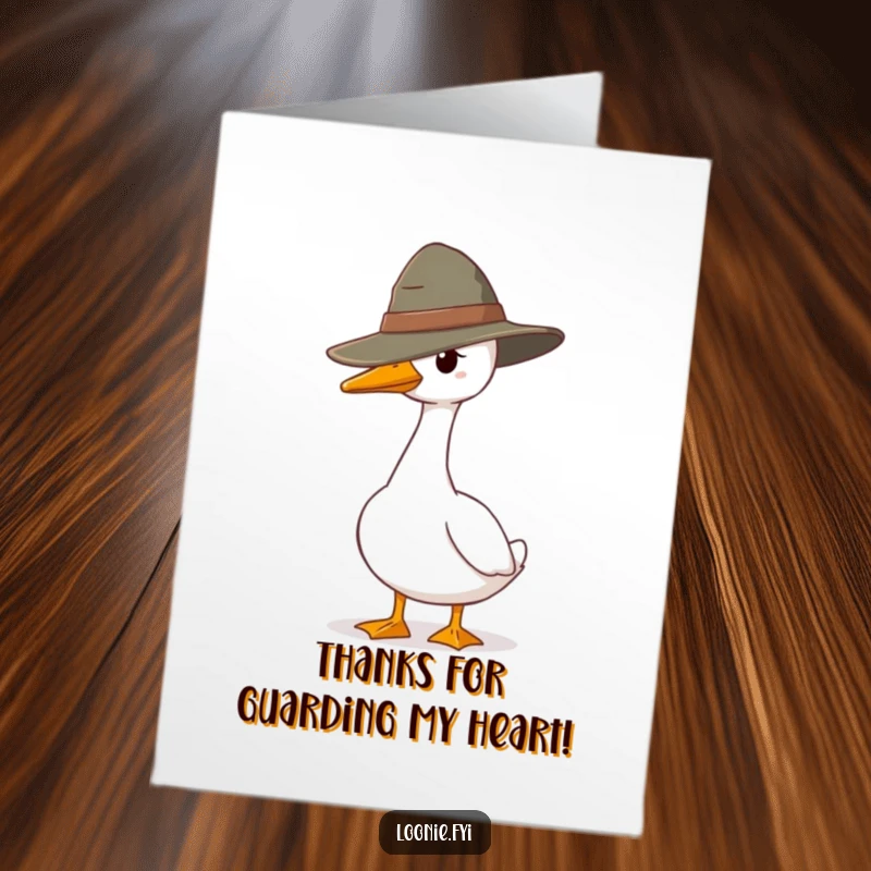Funny Free Printable Thank You Card: Goose wearing a ranger hat standing guard, dutifully protecting a thank you note.