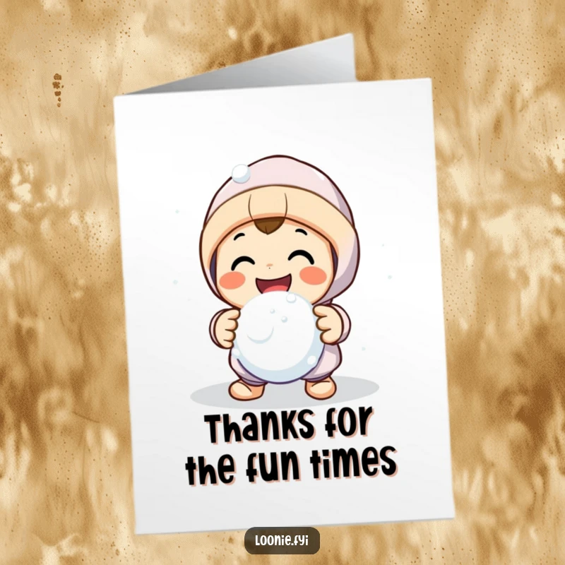 Funny Free Printable Thank You Card: Smiling character shares a friendly snowball fight gesture, a downloadable way to say thanks.