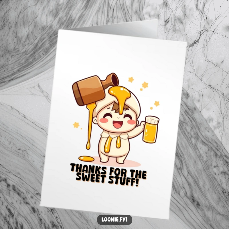 Funny Free Printable Thank You Card shows a cheerful character pouring maple syrup with a smile, expressing thanks.