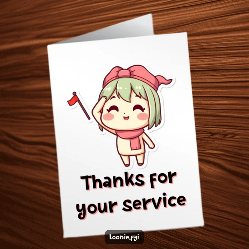 Funny Free Printable Thank You Card: Happy character salutes cheerfully with a small flag, a downloadable way to express thanks.