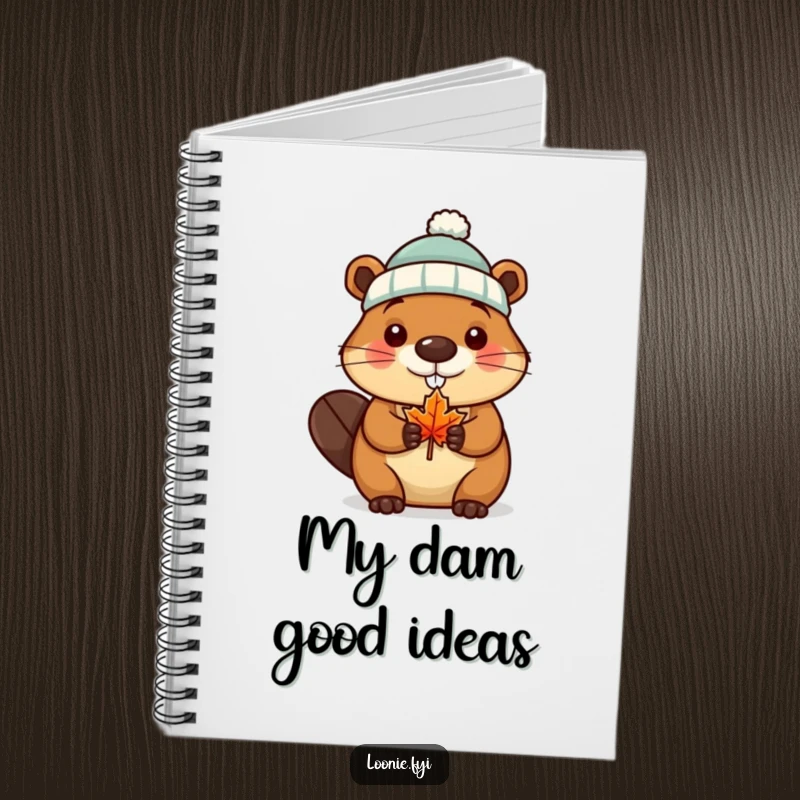 Funny Notebook with a beaver wearing a tiny toque and holding a maple leaf, ideal for jotting down humorous Canadian notes.