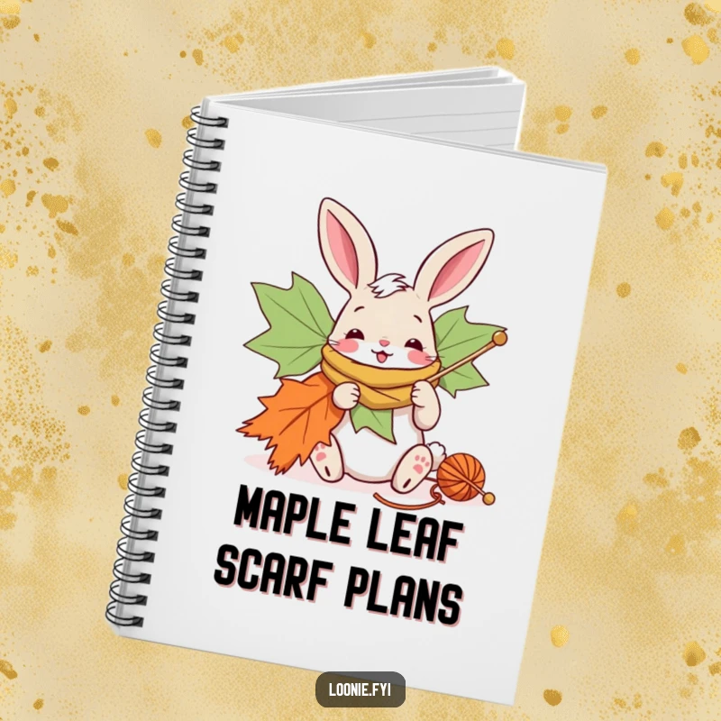 Funny notebook with a bunny knitting a giant maple leaf scarf, perfect for jotting down creative ideas.