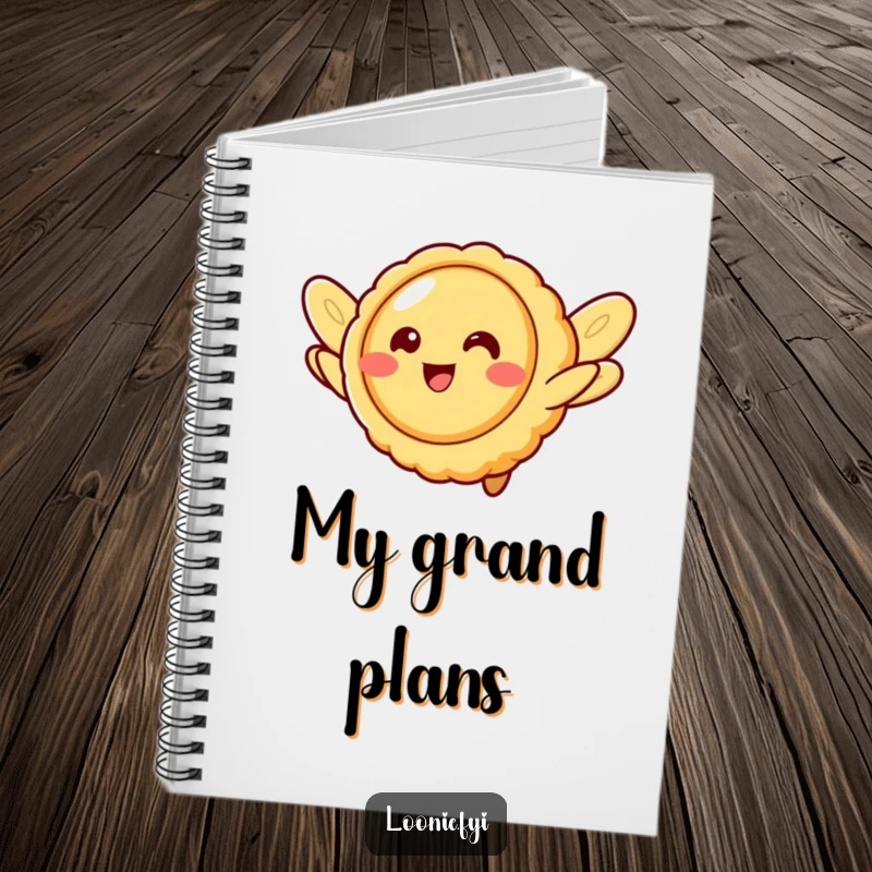 Funny butter tart character with cookie wings, attempting flight, a cute notebook cover for aspiring writers.