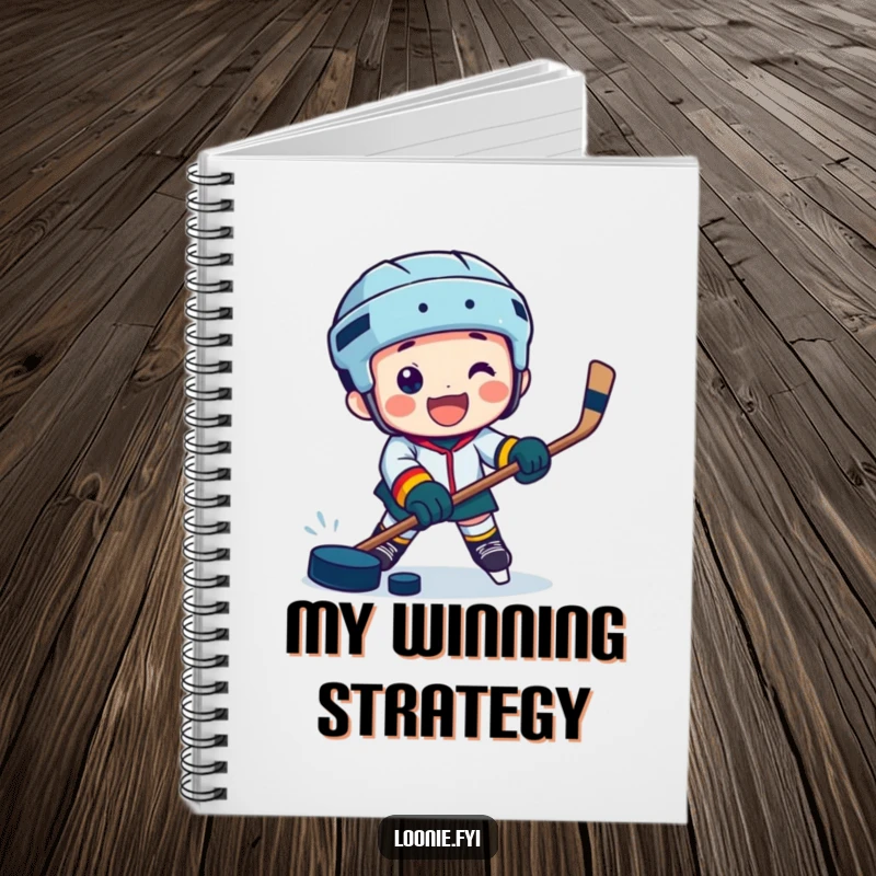 Funny notebook with a jubilant character playing hockey with a puck, perfect for jotting down ideas.