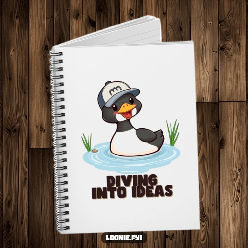 Funny notebook with a cover showing a playful loon in a baseball cap diving into a small lake, perfect for jotting down creative ideas.