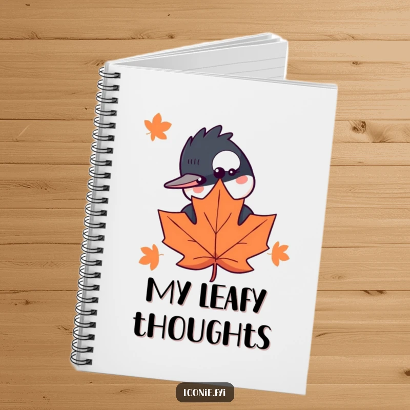Funny notebook with a curious loon peeking behind a maple leaf, ideal for capturing notes and ideas with a smile.
