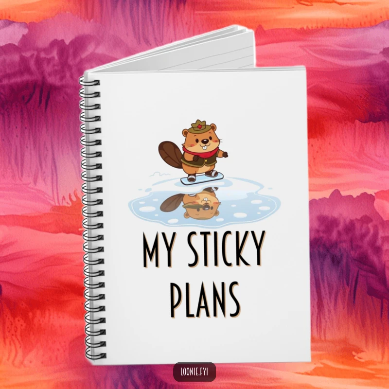 Funny Mountie Beaver Notebook featuring a beaver in a Mountie uniform comically skating on maple syrup on the cover, perfect for notes.