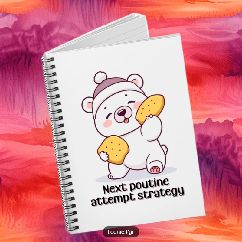 Funny notebook with a polar bear wearing a toque, comically failing to catch flying poutine, for jotting ideas.