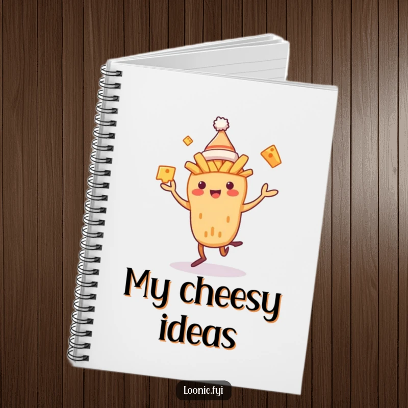 Funny Poutine Notebook featuring a dancing poutine creature juggling cheese curds on the cover, perfect for notes and recipes.