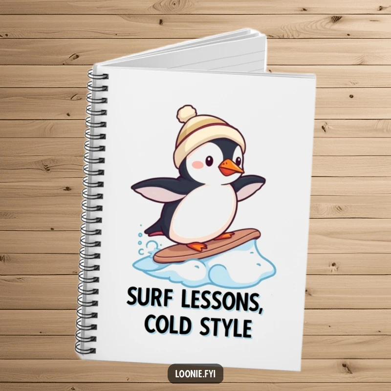 Funny notebook with a puffin wearing a toque, trying to surf a frozen wave, for note-taking.