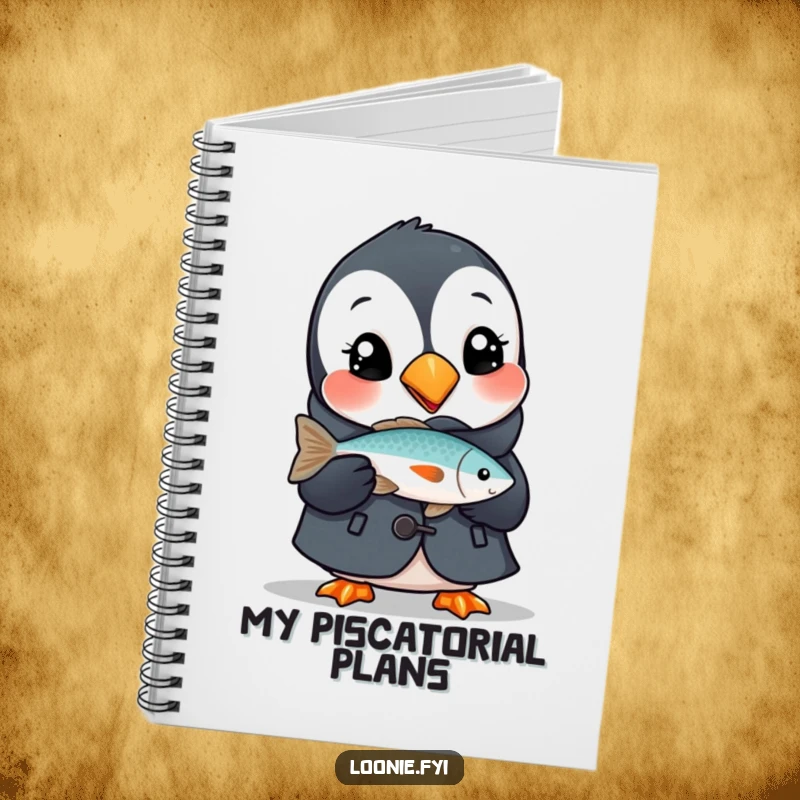 Funny notebook featuring a delighted puffin in a small coat, holding a fish, perfect for capturing notes with avian charm.