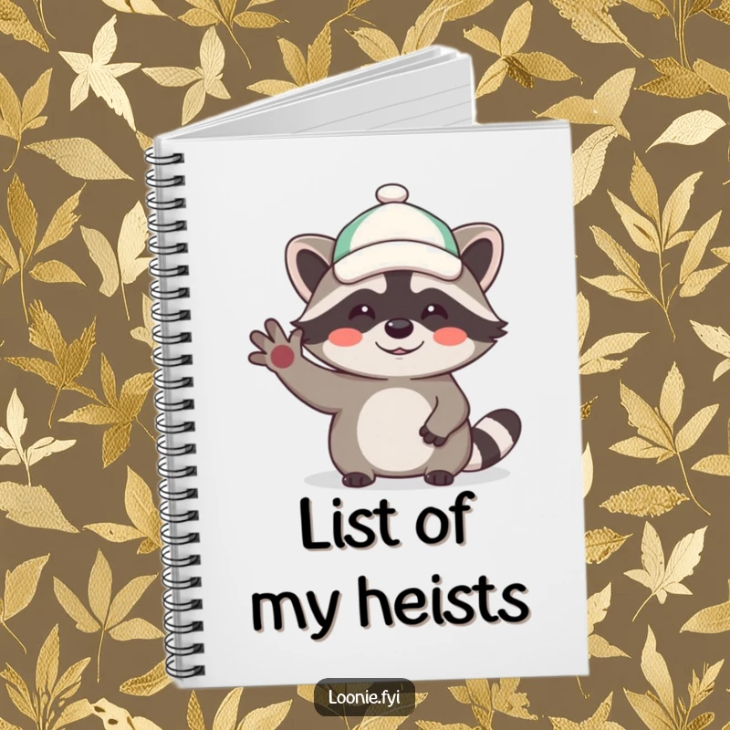 Funny notebook with a comical raccoon in a small hat waving hello, ideal for capturing notes with a side of amusement.