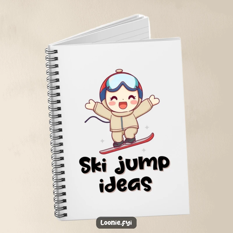 Funny notebook cover featuring a smiling character mid-triumphant ski jump, perfect for jotting down plans and ideas.