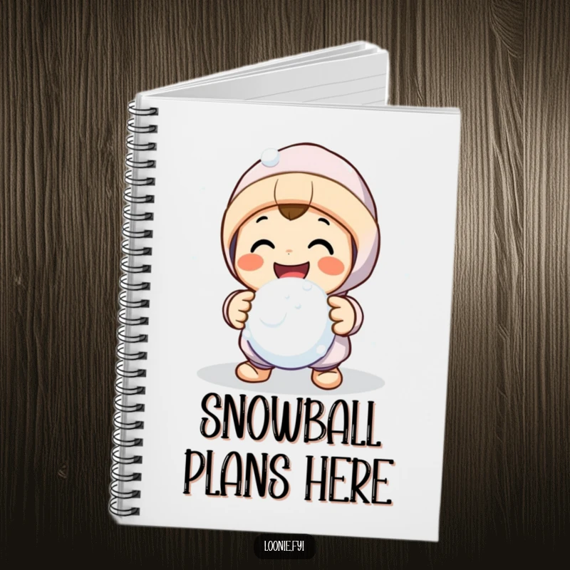 Funny notebook cover with a smiling character making a friendly snowball fight gesture, ideal for jotting down ideas.