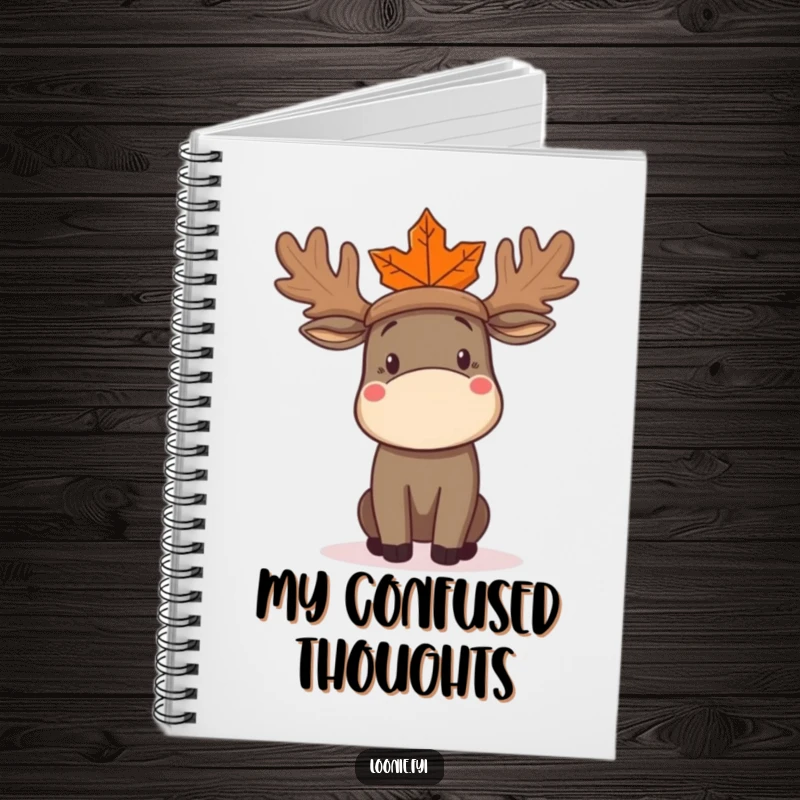 Funny Moose Notebook featuring a confused moose with a maple leaf hat on the cover, perfect for notes and doodles.