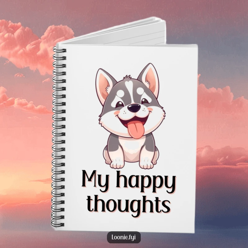 Funny notebook with a small husky dog eagerly panting with a happy grin, perfect for jotting down happy notes.