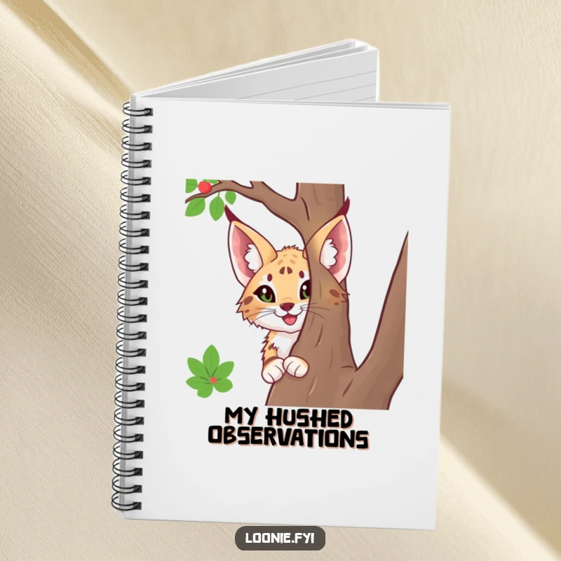 Funny notebook featuring a happy lynx with large ears, peeking from behind a tree, perfect for capturing notes with curious charm.