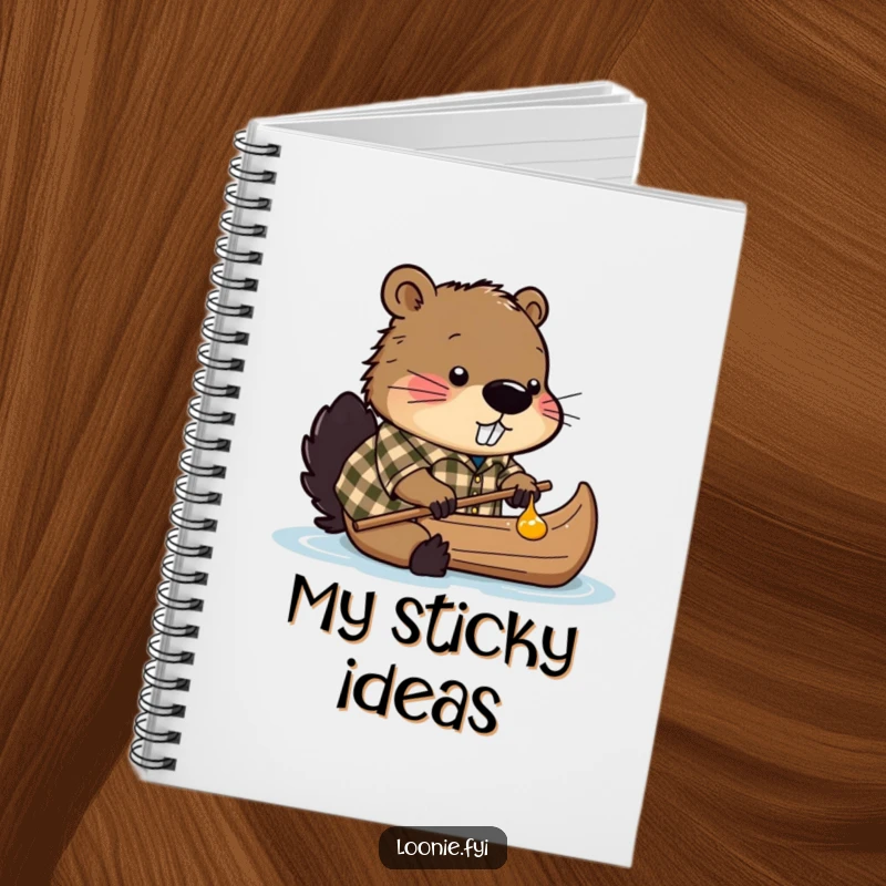 Funny notebook cover featuring a beaver in a plaid shirt building a canoe out of maple syrup, perfect for notes.