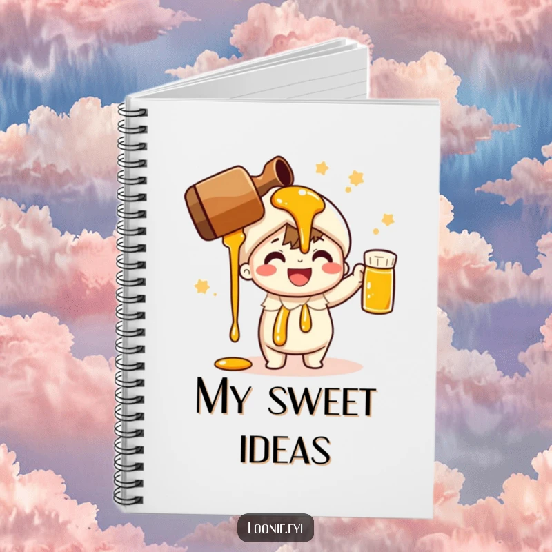 Funny notebook with a cheerful character pouring maple syrup; ideal for capturing sweet thoughts.