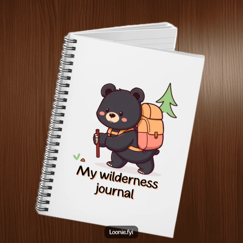 Funny notebook featuring a content black bear with a backpack, ready for exploration, perfect for capturing notes and ideas.