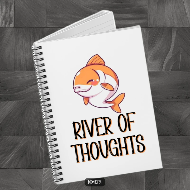 Funny notebook cover featuring a determined salmon with a happy expression, captured mid-leap on its journey.