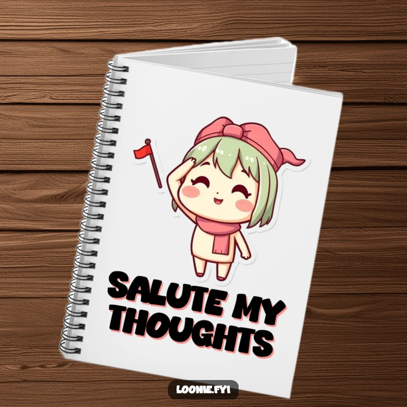 Funny notebook cover featuring a happy character saluting with a small flag, ideal for jotting down patriotic thoughts.