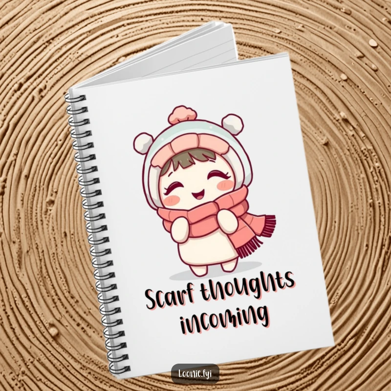Funny notebook with a cover depicting a giggling character in a cozy scarf, playfully shivering, for jotting notes with a smile.