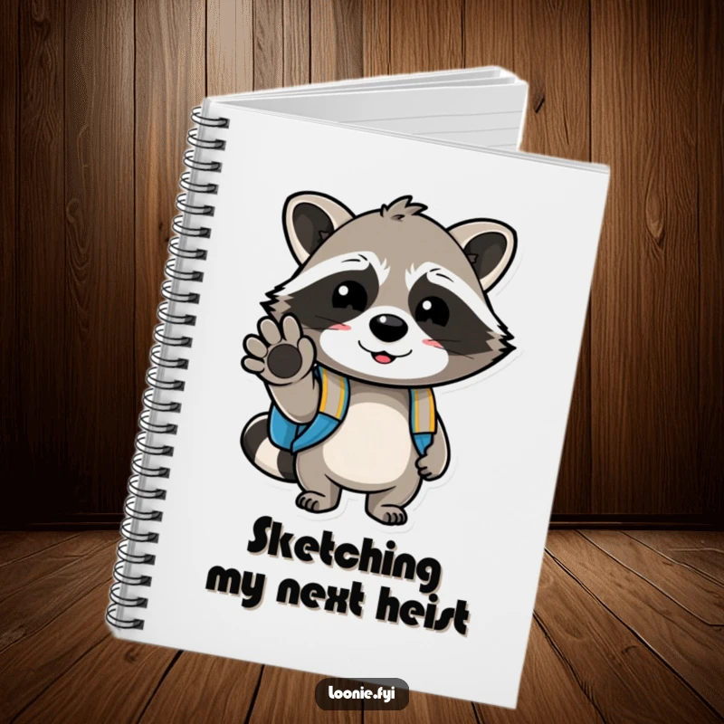 Funny notebook with a cheerful raccoon carrying a backpack, winking with its paw, perfect for jotting down notes with a humorous cover.