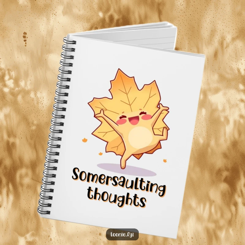 Funny notebook with a happy maple leaf doing a cheerful somersault, perfect for jotting down fall ideas.