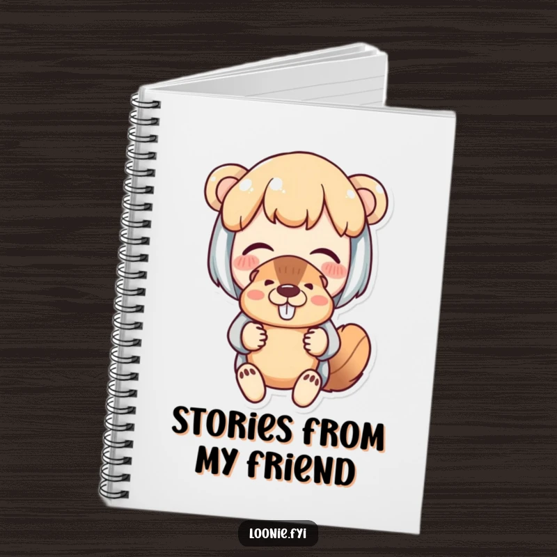 Funny notebook with a delighted character holding a beaver puppet with fond amusement, ideal for note-taking.
