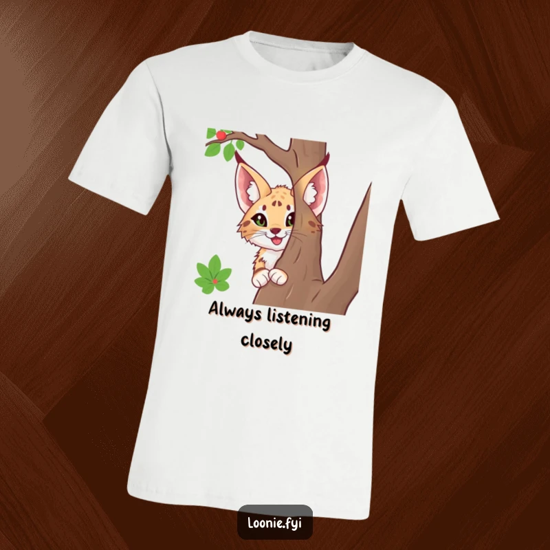 Funny t-shirt depicting a happy lynx with big ears, peeking mischievously from behind a tree, conveying a sense of playful curiosity.
