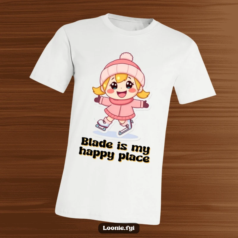 Funny t-shirt featuring a cheerful character ice skating with a determined grin, radiating pure joy, ideal gift.