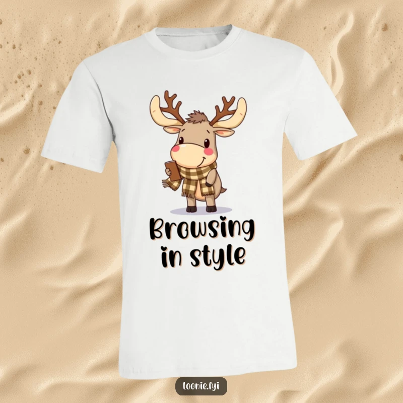 Funny T-Shirt: A delighted moose with grand antlers wears a checkered scarf, casually browsing with a happy expression.