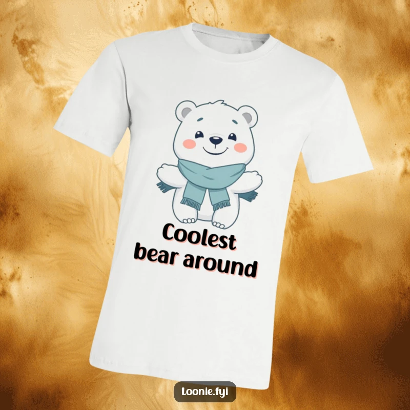 Funny T-Shirt: A jolly polar bear with a big grin and a snug scarf poses happily, radiating winter cheer.