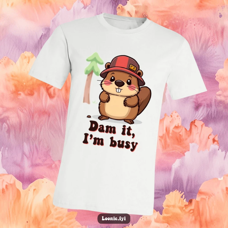 Funny t-shirt depicting a beaver in a lumberjack hat actively chopping wood, symbolizing strength and a humorous work ethic, great apparel.