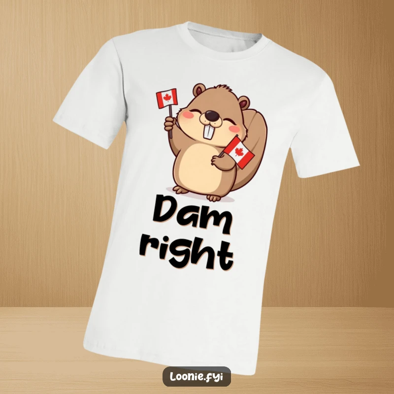 Funny Beaver T-Shirt: A winking beaver with a wide grin, enthusiastically waving a small Canadian flag, showcasing patriotic fun.