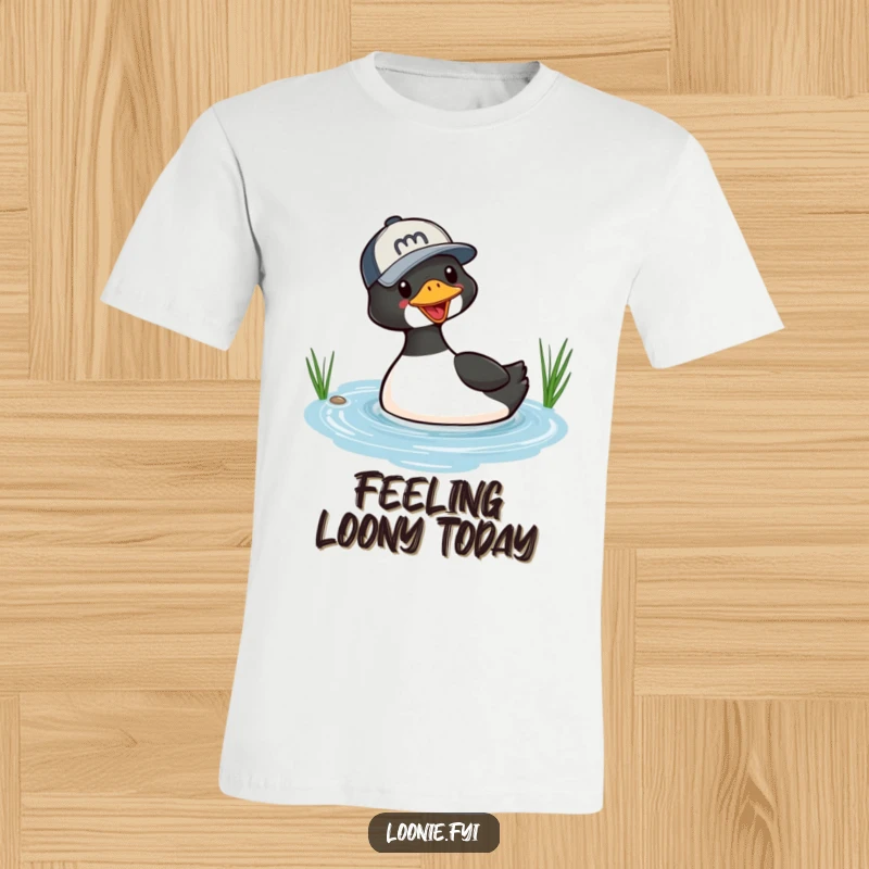 Funny t-shirt depicting a playful loon donning a baseball cap as it dives headfirst into a small lake, a humorous action shot.