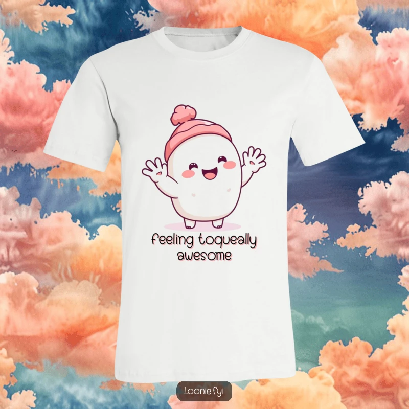 Funny t-shirt showcasing a happy toque character enthusiastically waving, radiating warmth and friendliness.