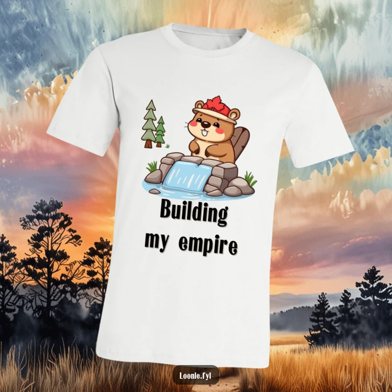 Funny T-Shirt: A happy beaver wearing a small maple leaf hat is focused on constructing a dam with pride.