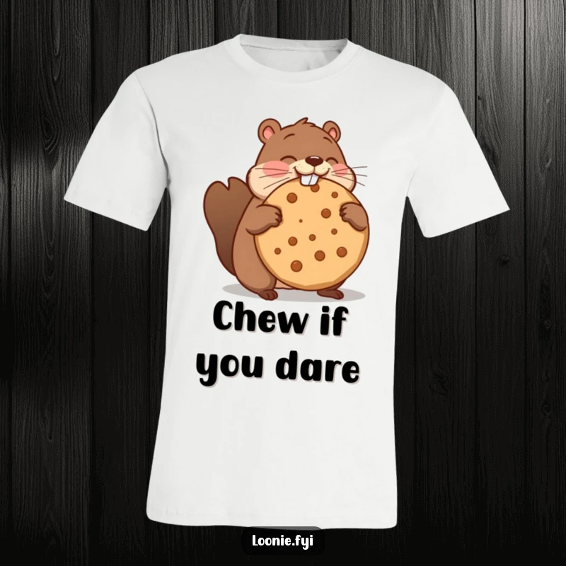 Funny t-shirt with a beaver comically trying to devour a huge maple cookie, expressing its funny determination.