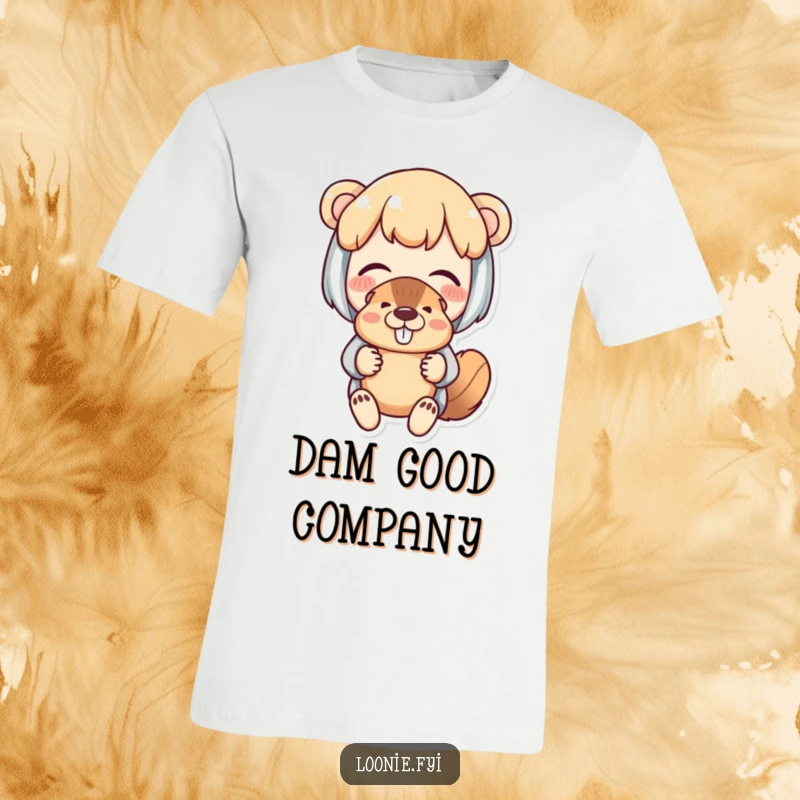 Funny t-shirt of a delighted character fondly amused by a small beaver puppet; great for playful personalities.