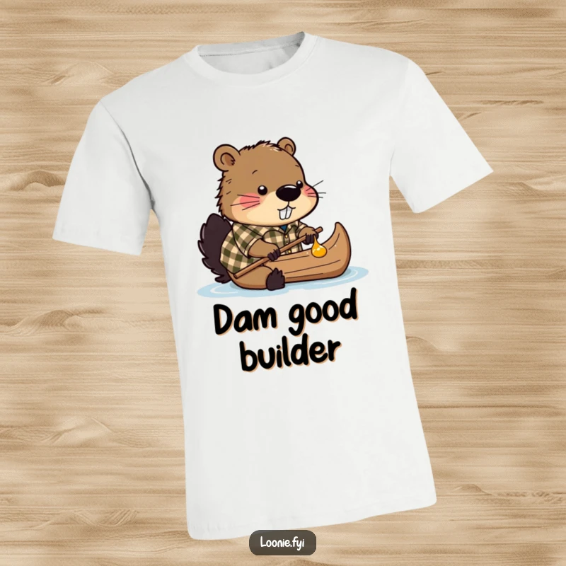 Funny t-shirt with a beaver wearing a plaid shirt, attempting to construct a canoe from sticky maple syrup.