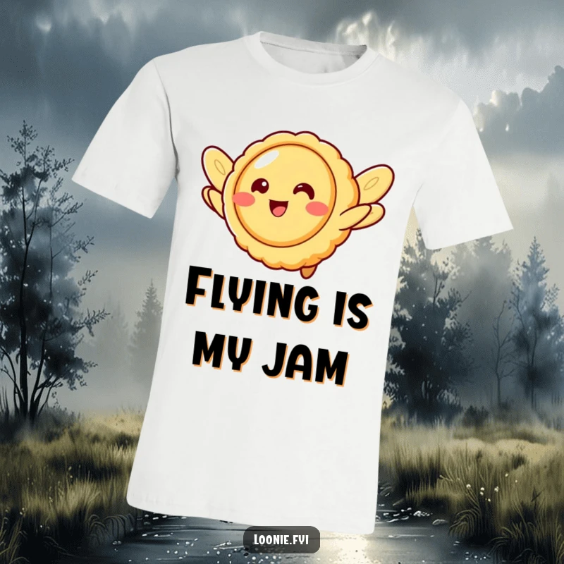 Funny smiling butter tart character with cookie wings, attempting to fly, printed on a comfortable t-shirt.